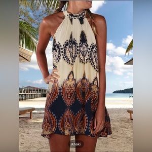 Sunshine Vibes Boho Bohemian Khakis Halter Dress Size Large NWT